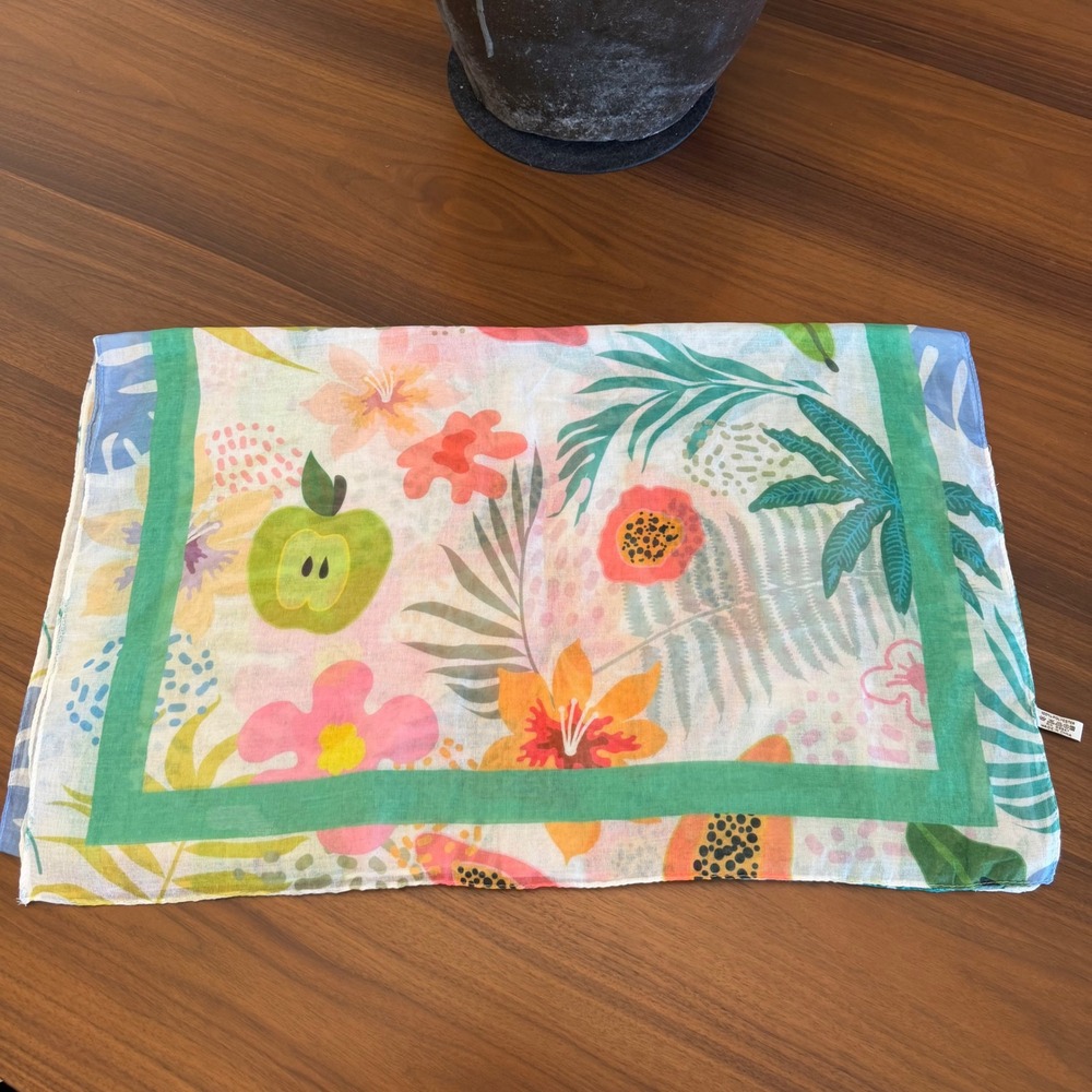 Tropical Fruit Floral‎ Print Scarf Green Border Lightweight Summer Wrap - Picture 2 of 3